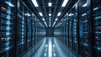 Futuristic Data Center Corridor with Servers and Illuminated Pathway in a High-Tech Environment