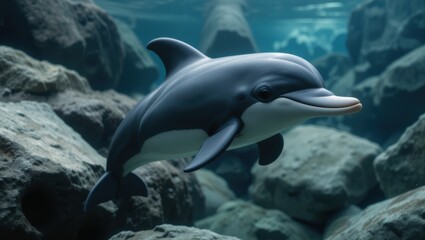 Obraz premium Graceful Dolphin Swimming Among Rocks Underwater in a Clear Ocean Environment