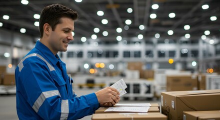 Focused Warehouse Worker Reviewing Documents Amidst Busy Operations Efficiency, Logistics, and Inventory Management in Modern Warehousing