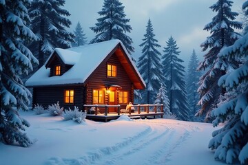 Fototapeta premium Cozy winter cabin scene with snow covered trees and a warm inviting glow from the windows , holiday spirit, atmosphere