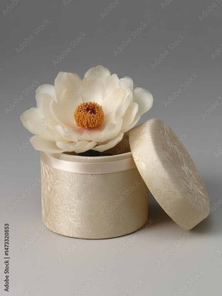 Poster elegant round box with silk wrap and flower displayed open on a neutral background