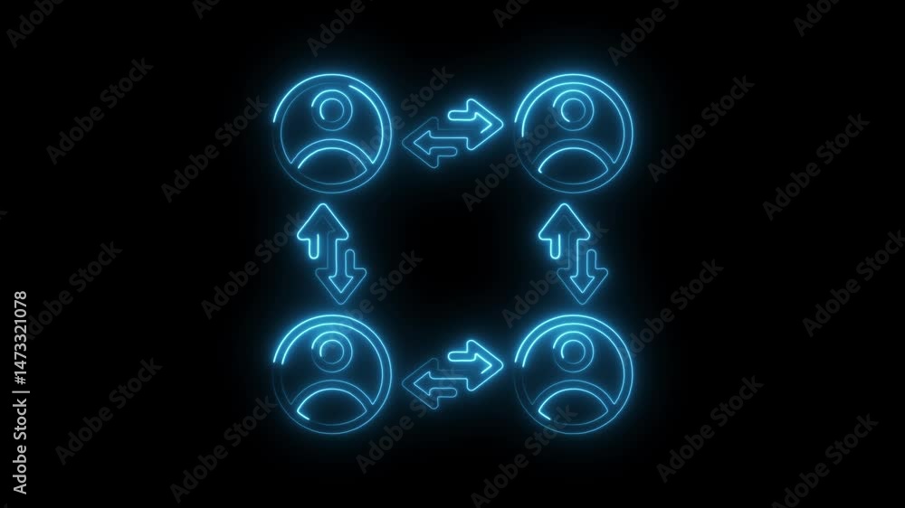 Poster neon person icon network animation illustrating team communication and interpersonal connection in a