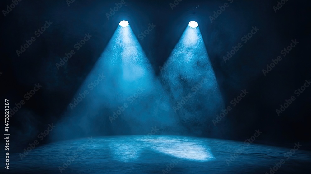 Poster two spotlights illuminating an empty stage with a dark background.