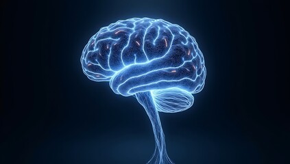 A tangled network of glowing fiber-optic cables shaped like a human brain, suspended in darkness, symbolizing the complexity of digital thoughts, artificial intelligence, and the overlap between tech 