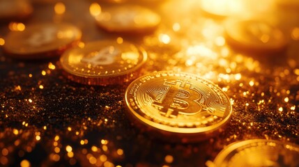 marketing and investment concept picture of gold coin money with golden bokeh background.	