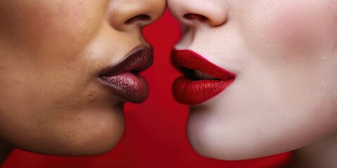 Obraz premium Two women with red lipstick kissing on a red background