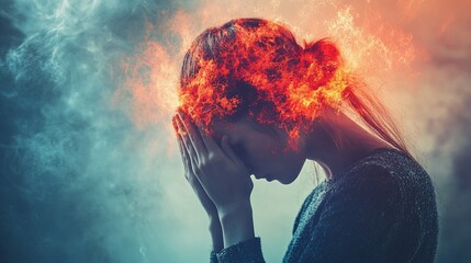 Overwhelmed woman with burning head representing stress and emotional turmoil