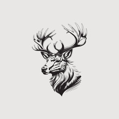 Monochrome Vector Illustration of a Deer Head with Symmetrical Antlers in Bold Black Lines