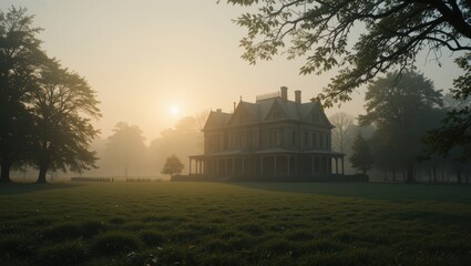 Obraz premium Mansion Surrounded by Fog in the Early Morning Light at Sunrise in a Serene Landscape