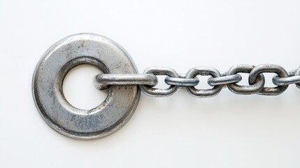 Obraz premium Heavy Duty Metal Chain with Ring on White Background, Strength and Security