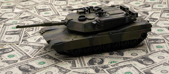 War and money concept. Financial support war in Ukraine. Tank in military scene. Defense strategy. Money funding the attack. Financing war. Money becomes a weapon of war. Dollar as a symbol of power.