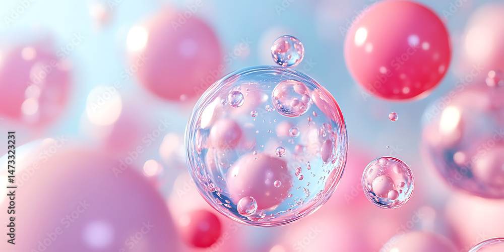 Poster abstract pink spheres floating in a sky blue gradient background with light refractions and transpar