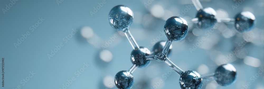 Poster molecular structure model illuminated in soft blue light emphasizing detail and complexity