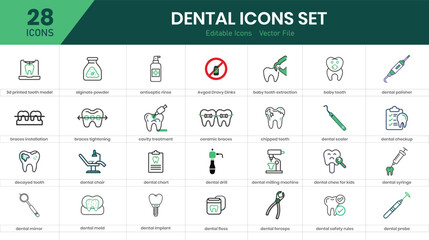  Dental icon set collection. Dental tools, chair, fulfillment, mouthwash, dental syringe, teeth, electric brush and best solid icon set. 