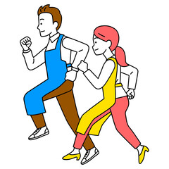 走るエプロン姿の男女（横向き）