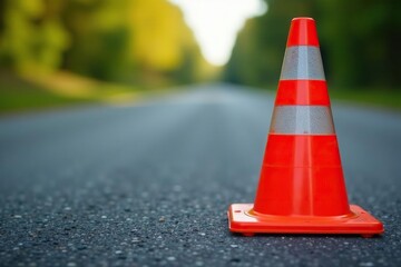 Close-up of a brightly colored safety cone on a road, signifying a cautionary measure , risk management, infrastructure, work zone