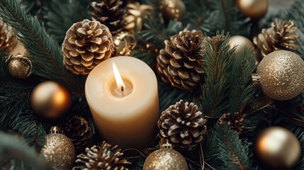 Close-up of a festive Christmas candle arrangement.