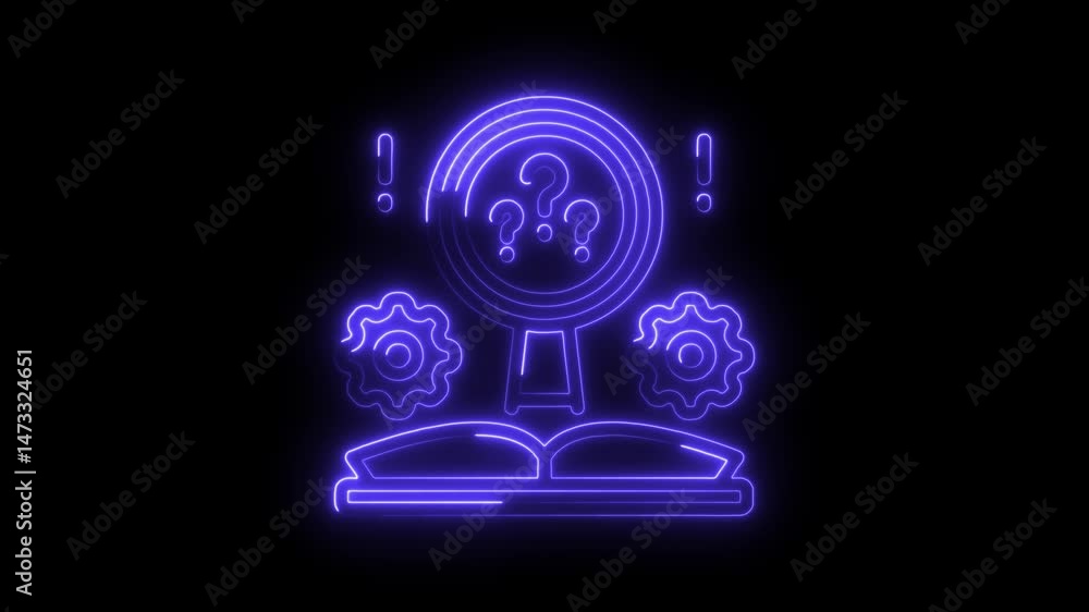 Aufkleber neon icon animation of solving problems with book gears and question marks on dark background