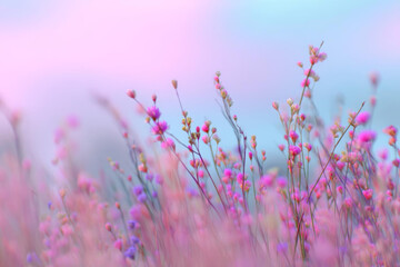 Fototapeta premium Delicate pink and purple flowers sway gently in soft, dreamy landscape