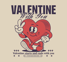 Cute retro heart cartoon character with a peace sign. Fun, playful, and colorful design perfect for t-shirt prints, posters, stickers, and merchandise. Vector illustration