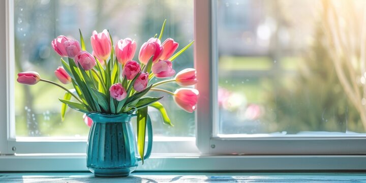 A vase of pink tulips on a windowsill with a blurred background.
