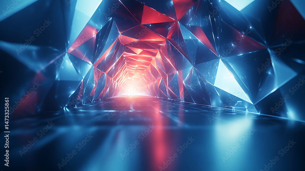 Poster abstract polygon tunnel with glowing light source blue and red tones geometric background futuristic