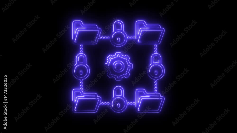 Poster neon style data security network with folders and padlocks connecting to a gear