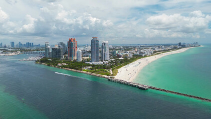 Miami Beach. Miami Beach city from top. South Beach from above. Drone of coastline scene. Shore of...