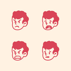 Cartoon vector of a boy's face in four emotional expressions—happy, annoyed, laughing, and upset. Soft pastel style, perfect for icons, sticker sets, UI, or educational visuals