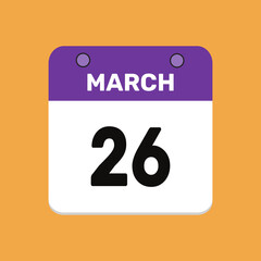 Calendar march 26 date icon vector calendar design and year illustration