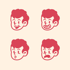 Cartoon vector of a boy's face in four emotional expressions—happy, annoyed, laughing, and upset. Soft pastel style, perfect for icons, sticker sets, UI, or educational visuals