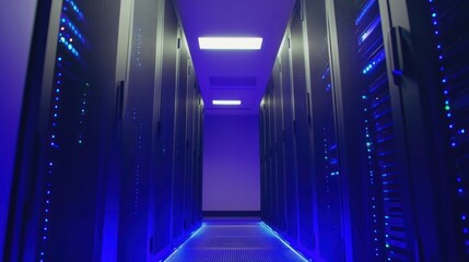 Server room illuminated with blue lights