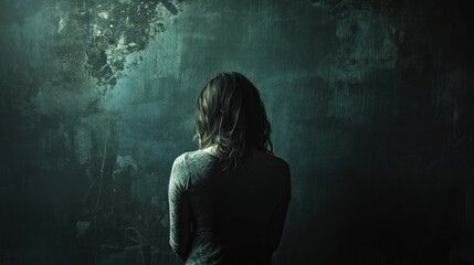 Woman facing away, contemplative pose against a dark teal wall