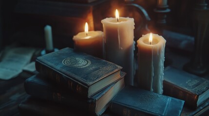 Antique books and candles in a dark room
