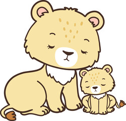 Lion Mother Collection Vector, Hand Drawn Lion and Lion Cub Cartoon, Minimal Lion Baby Line Art Doodle