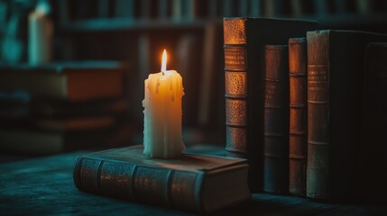 Old books and a candle in a library