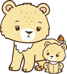 Lion Mother Collection Vector, Hand Drawn Lion and Lion Cub Cartoon, Minimal Lion Baby Line Art Doodle
