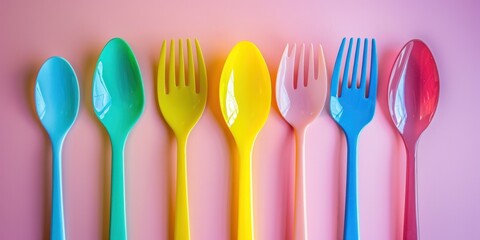 A colorful array of plastic spoons and forks against a pink background.