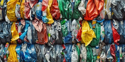 A stack of colorful plastic bags, with a mix of colors including blue, green, yellow, and red, arranged in a vertical stack.