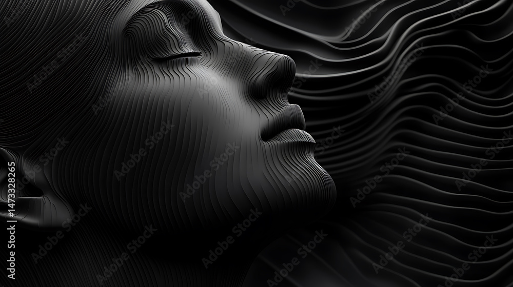 Poster abstract portrait in black and white with smooth textured waves creates a calm and serene atmosphere