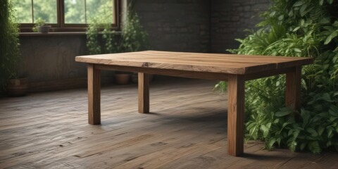 Obraz premium Rustic wooden table with lush greenery, earthy tones, craft, greenery, plant