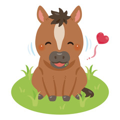 放牧で牧草を食べるウマのイラスト