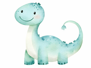 Fototapeta premium Watercolor cartoon of a happy blue dinosaur with light spots and big smile.