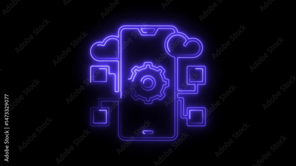 Poster glowing neon mobile phone with cloud computing and settings gear connection concept