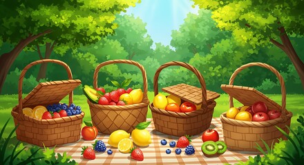 Summer's Bounty: Vibrant Picnic of Fresh Fruit in a Sun-Drenched Grove