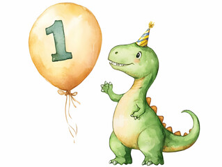 Fototapeta premium Birthday dinosaur with balloon and crown hat, cheerful nursery cartoon.