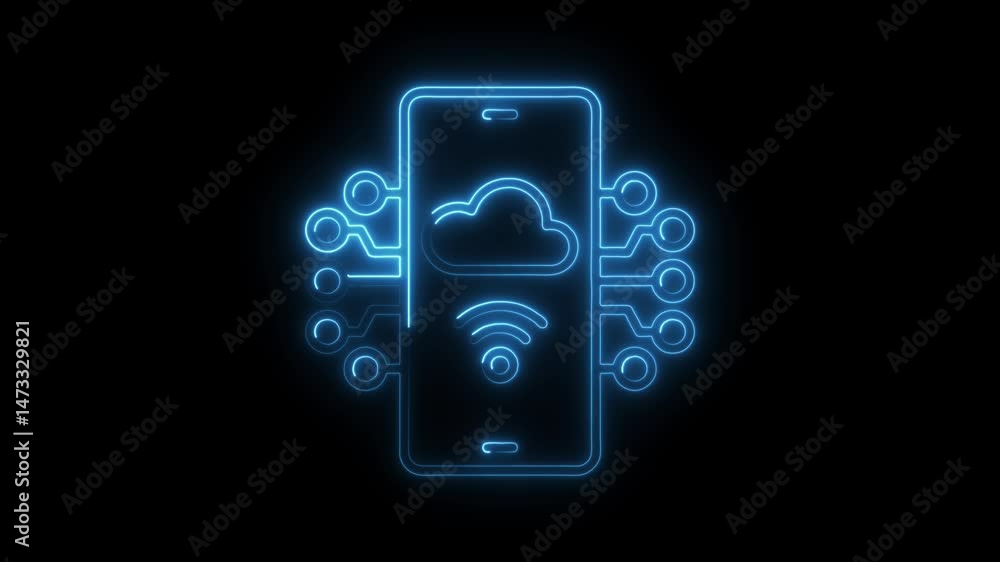 Poster neon smartphone with cloud technology and wireless connection on black background futuristic digital