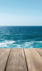 Fototapeta premium Wooden deck overlooking peaceful blue ocean horizon