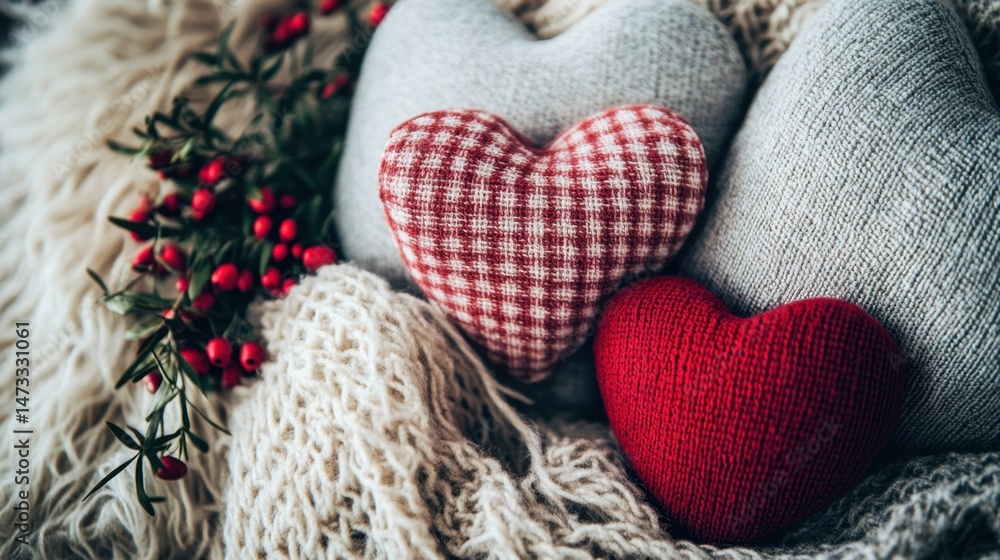 Poster flatlay composition featuring handmade heart cushions to convey an appreciation theme against a back