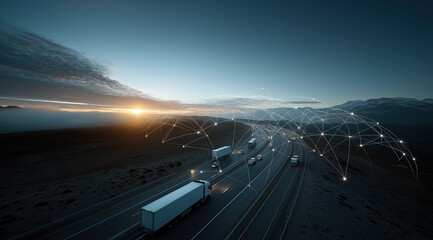 Digital logistics visualization overlays moving highway trucks